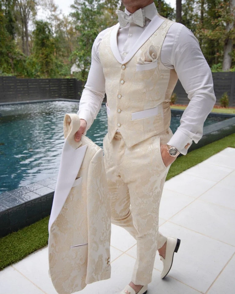 Champagne Plaid Paisley Men Suits Slim Fit Print Jacquard Single Breasted Tuxedo - Image 2 of 4