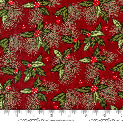MODA FABRICS #6923 12'' SHOPPES ON MAIN  PINE ON CRIMSON BTY