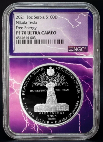 2021 Serbia 100 Dinara Nikola Tesla Free Energy NGC PF 70 UCAM 369 MINTED RARE