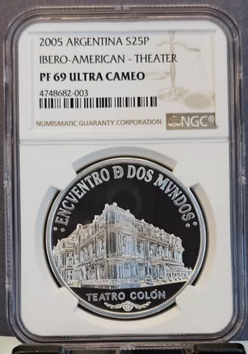 2005 ARGENTINA SILVER 25 PESOS THEATER TEATRO COLON NGC PF 69 ULTRA CAMEO RARE