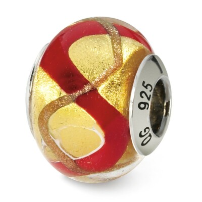 Yellow Red Gold Italian Murano Glass Bead .925 Sterling Silver Reflection Beads