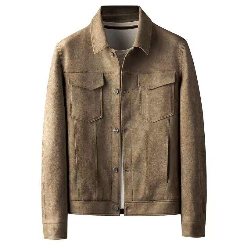 Mens Faux Suede Leather Jacket Coat Button Tops Slim Fit