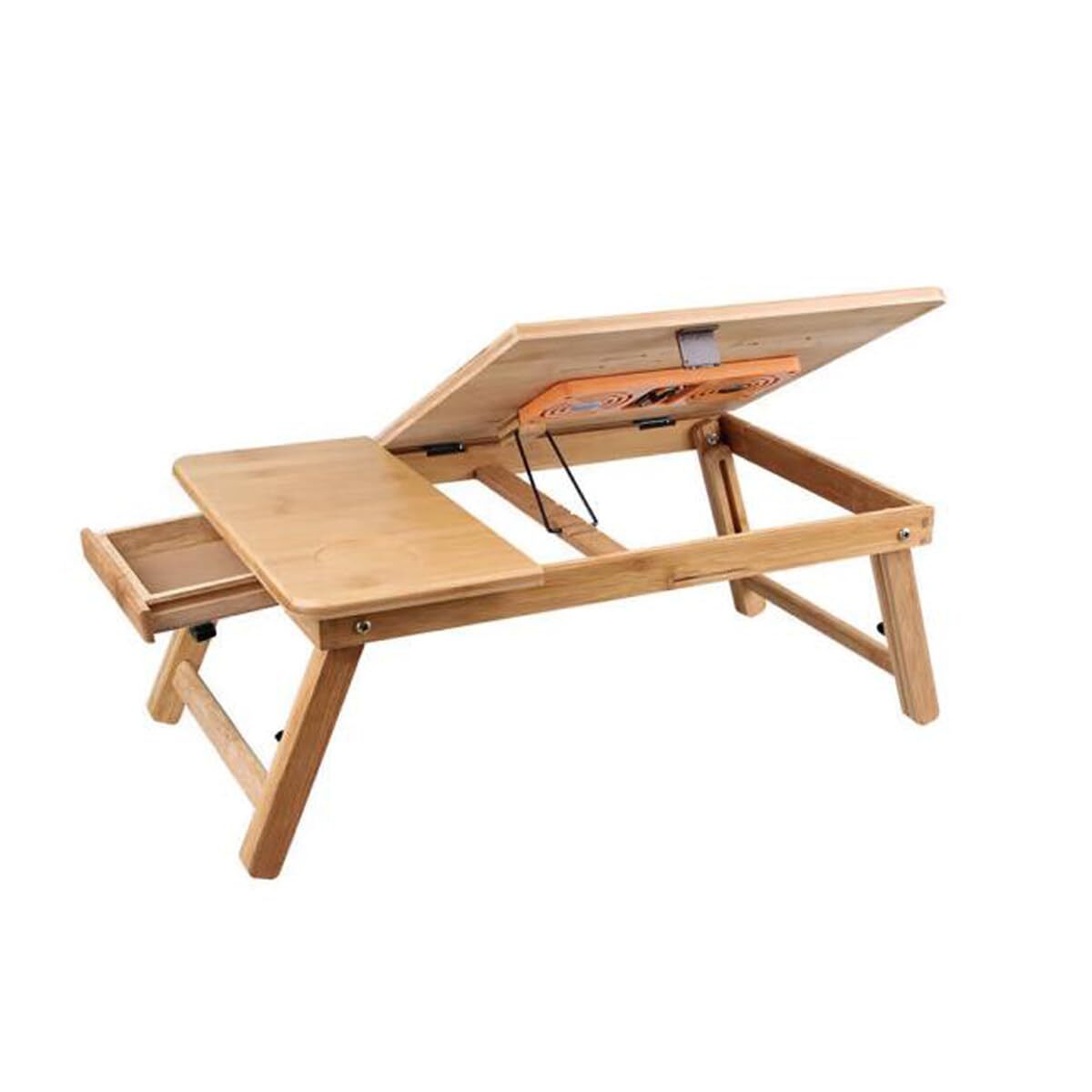 Adjustable Bamboo Laptop Desk with Cooling Fan Foldable Bed Tray Storage Drawer