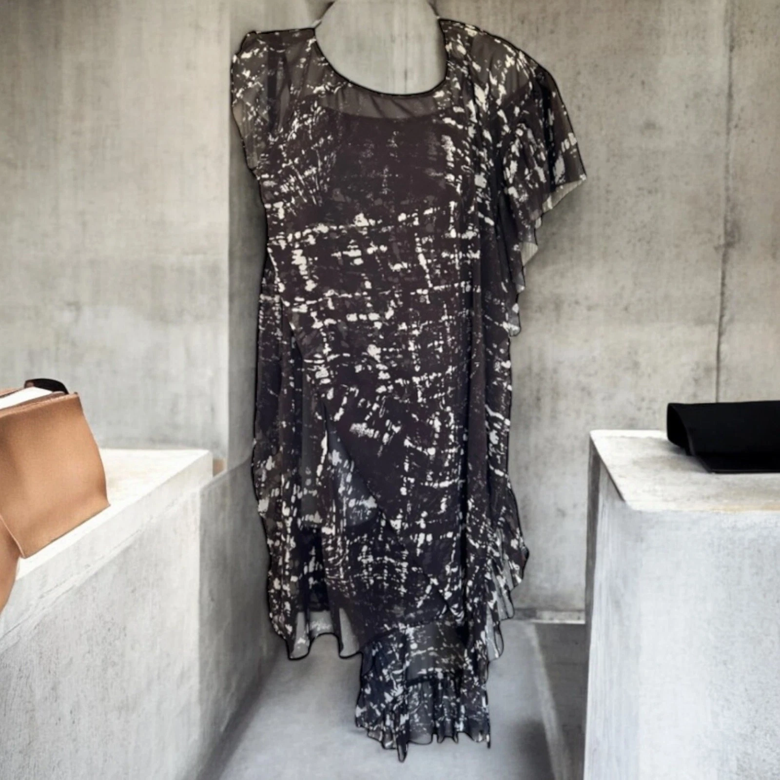 ACNE STUDIOS Abito Acne Primavera Estate Ruffle Strati Relaxed Nero Astratto Asimmetria TG S 36