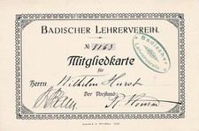 Mitgliedskarte, Badischer Lehrerverein, B&uuml;hl, Wilhelm Hurst