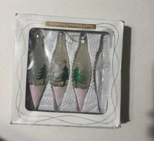 Set of 3 Hand Crafted Glass Christmas Tree Ornaments Tear Drop Frosted In Box