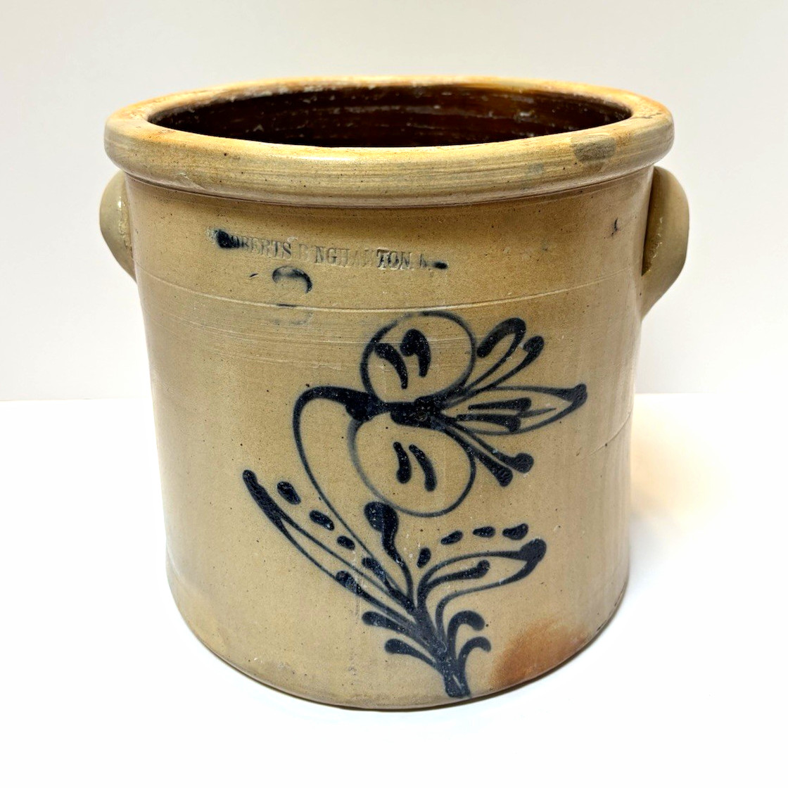 Antique W Roberts Binghamton NY Stoneware Crock Cobalt Floral 9.5”