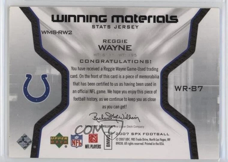 2007 SPx Winning Materials Stats Reggie Wayne #WMS-RW2 - Image 2 of 2