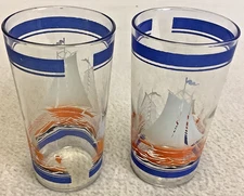 Vintage Hazel Atlas Sailboat Juice Glass Blue Orange White 4.75" Set / 2, 1950's