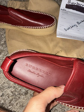 Burberry Women's Red Leather Slip-On Loafer Flats US 9.5 Round Toe Logo
