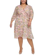 Tommy Hilfiger Womens Floral-Print Wrap Midi Dress, pink, Plus Size, 20W