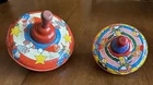 2 Vintage 1950s Ohio Art Tin Litho Spinning Tops, Circus Dutch Wood Handle