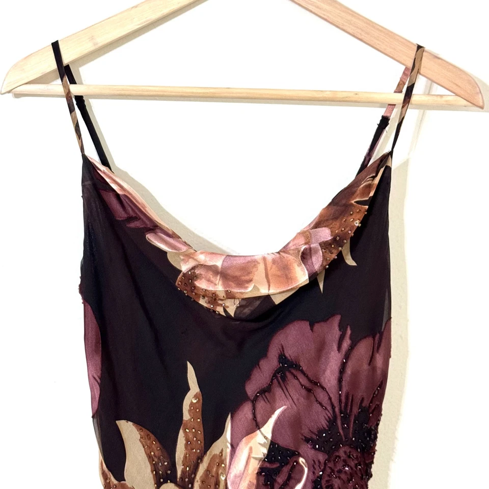 Vtg Cache Silk Beaded Floral Dress Y2K Cowl Neck Asymmetrical Handkerchief Fairy - Image 2 of 4