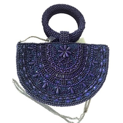 Viral Handcrafted Beaded Purple Navy Blue Half-Moon Bag Tote Crossbody NWT