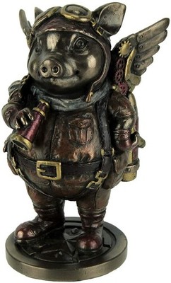 Steampunk Aviator Bronze Toned Flying Pig Figurine, 5 1/4 Inch