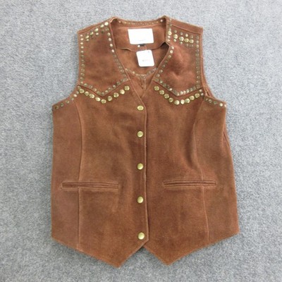 Understated Leather Vest Womens Small Brown Suede Studded Western Snap Front