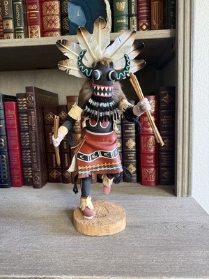 Handmade Native American Kachina Doll with Feathers and Fur Wooden Base