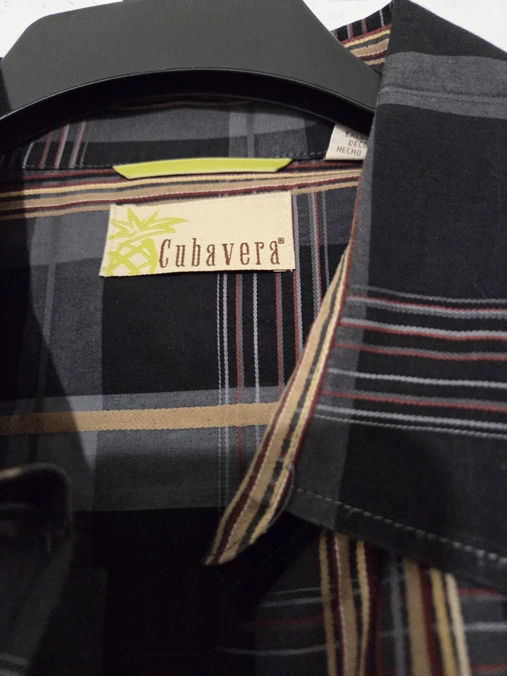 Camisa social Cubavera listrada estampa preta dourada marrom manga longa algodão XXL EC - Imagem 2 de 4