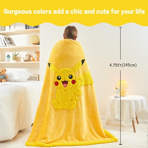 NEWCOSPLAY Kids Pikachu Sherpa Fleece Blanket Plush Warm Throw 50x60 Yellow - Picture 4 of 7