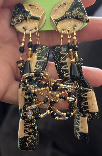 1988 Lunch At The Ritz Champagne Bottles Earrings VTG Dangle Black Enamel 4” - Picture 3 of 20