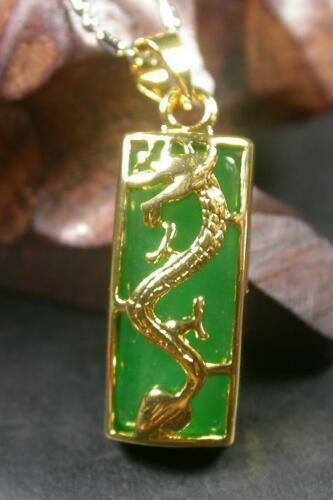 Gold Plate CHINESE Icy Green JADE Pendant Dragon Rectangle Necklace 263314 - Picture 1 of 6