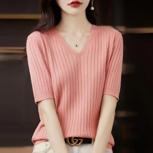 Damen Pullover Kurzarm V-Ausschnitt Slim Fit Shirt Mode Pulli dünner Strick - Bild 33 von 36