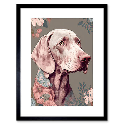Weimaraner Hund Portrait mit Blumenmuster gerahmter Wandkunstdruck Bild 9 x 7 Zoll