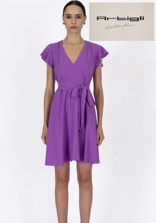 Abito Corto In Cotone Manica Corta Donna - Vestito Morbido Per Matrimonio E Festa - Viola Taglia M