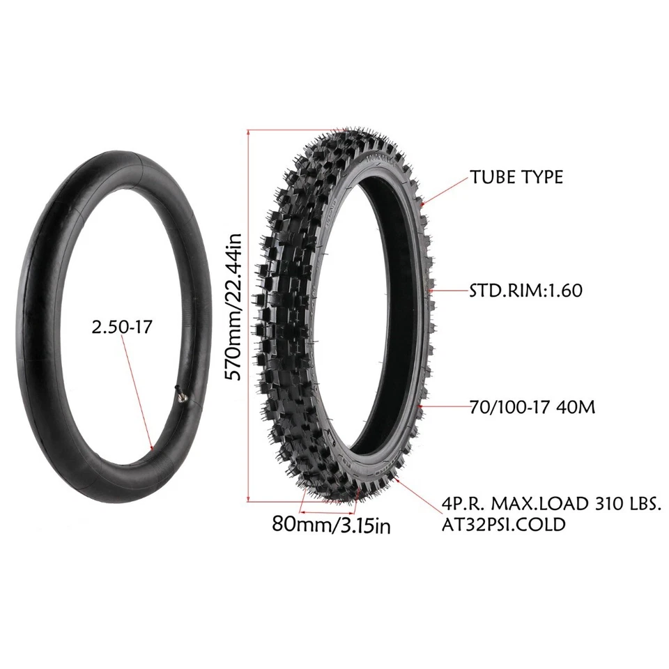 2Pcs Front Tires 70/100-17 Tubes 2.25/2.50-17 Dirt for YZ85 CR85 CR80 CT70 CT90 - Image 2 of 4