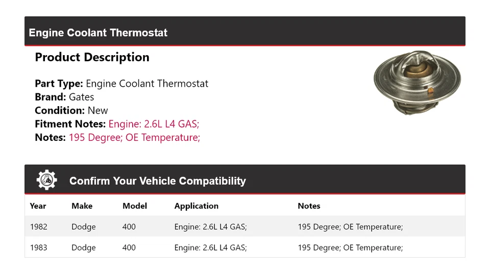 Puertas termostato refrigerante motor gas 2,6 L L4 Dodge 400 1982-1983 Foto 2 de 4