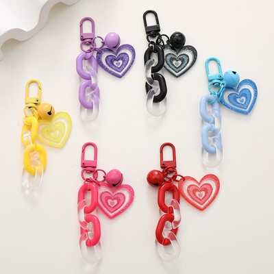 Fashion Resin Heart Pendant Keychain With Bell Women Colorful Link Chain Key _r1