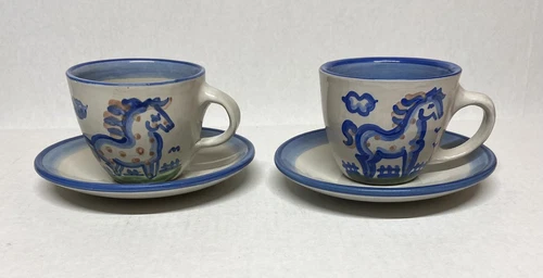 set of 2- MA Hadley Pottery Horse-The End-Coffee Cup Saucer Hand Painted Blue