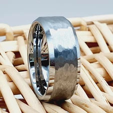 Hammered Tungsten Wedding Ring Beveled Edge Simple Promise Anniversary Band