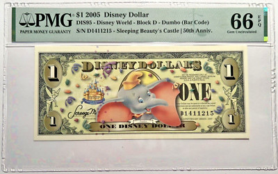 2005 $1 DUMBO DISNEY DOLLAR Bar Code PMG 66 Gem Uncir D World Serial D1411215 7E