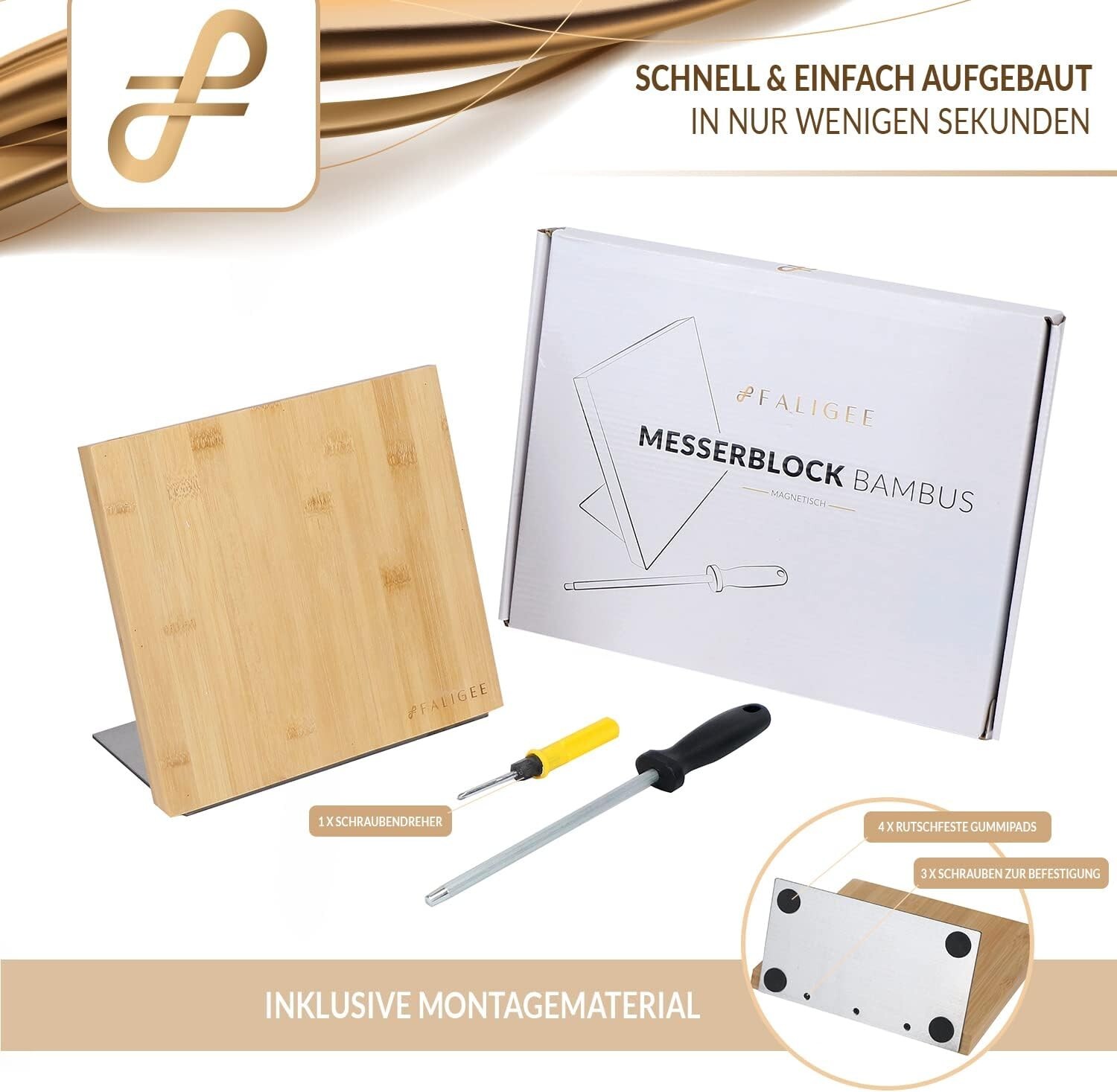 FALIGEE Bambus Messerblock magnetischer Messerhalter - ohne Messer mit Wetzstahl