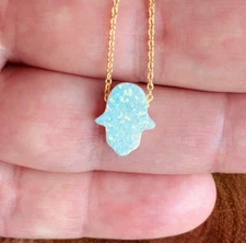 White Opal Hamsa Necklace for Women Girl, Sterling Silver, Fatima Hamsa Hand