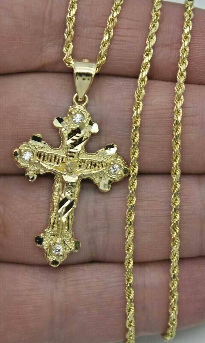 Real 10k Yellow Gold CZ Jesus Crucifix Cross Pendant + Rope Chain