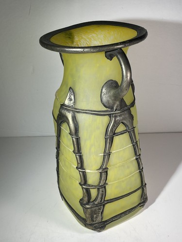Vaso quadrato vintage ROMBLAST 10,75” ROMANIA vetro verde smerigliato con sovrapposizione bronzo - Foto 14 di 24