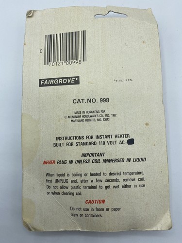 Vtg Fairgrove #998 Instant Immersion Heater Coffee Tea Travel Original Package - Picture 4 of 8