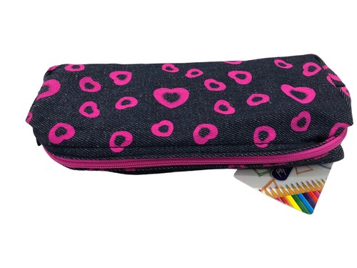 ASTUCCIO JEANS CUORI PORTAMATITE PORTA TRUCCO POCHETTE CON CERNIERA CM 22X10 - Imagen 2 de 5