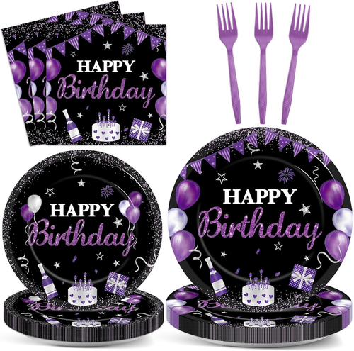 96 Pezzi Forniture Viola per Feste di Compleanno Viola e Nero Piatti di Carta Tovaglioli Happy - Foto 8 di 12