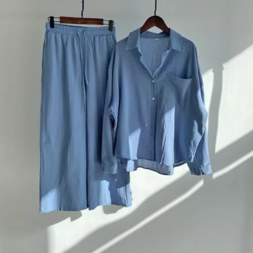 Women Lady Summer Solid Color Cotton Linen Suit Lapel Long Sleeve Top Leg Pants - Bild 33 von 42