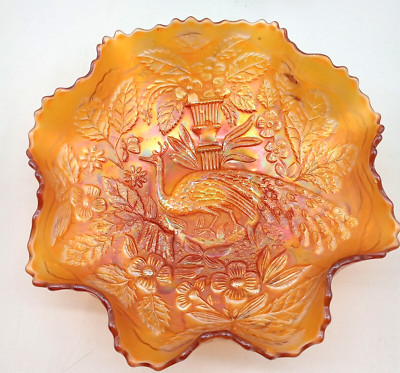 Vintage Fenton Iridescent Marigold Peacock Urn Ruffled Sawtooth Edge Bowl 8 inch