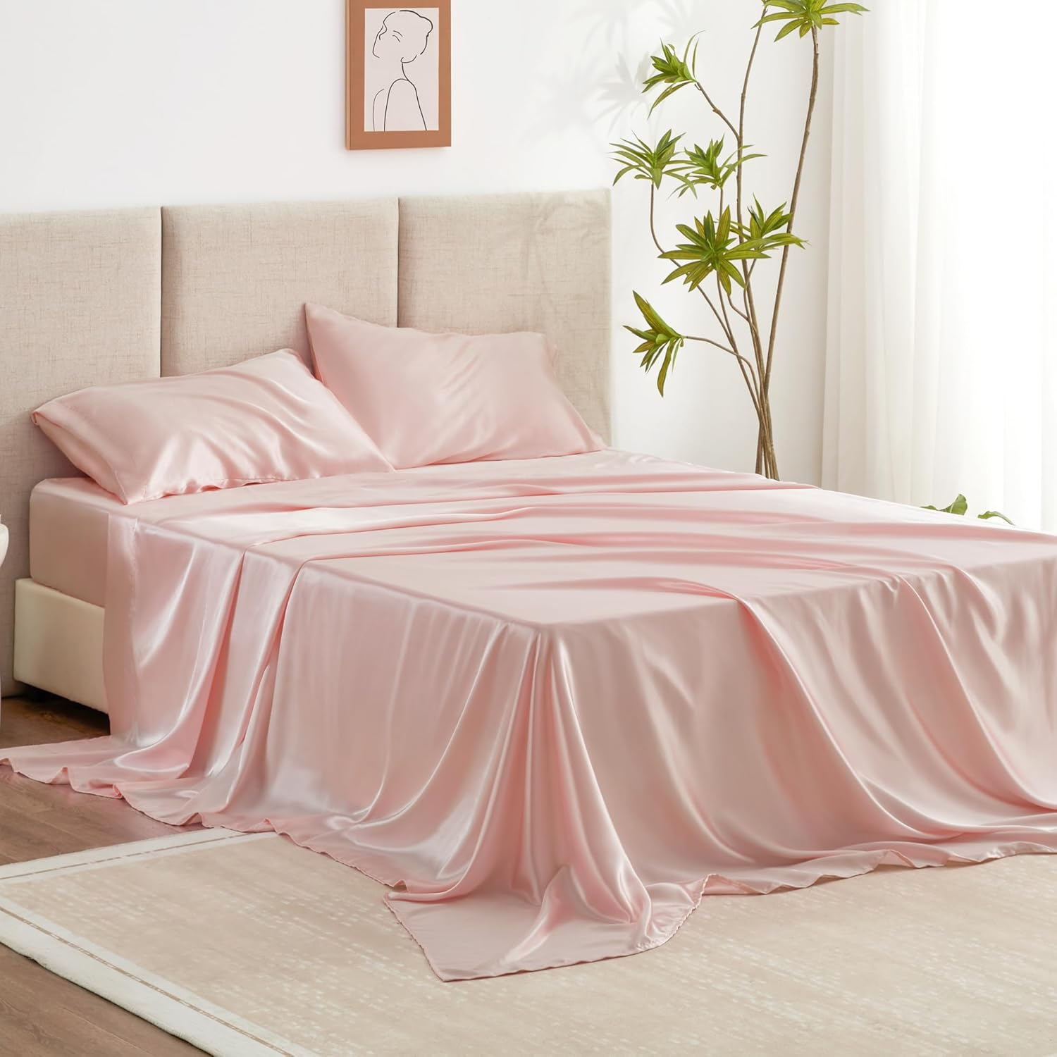 Satin Queen Sheets Set - 4 Piece Coral Silky Satin Bed Sheets Queen Set with Dee