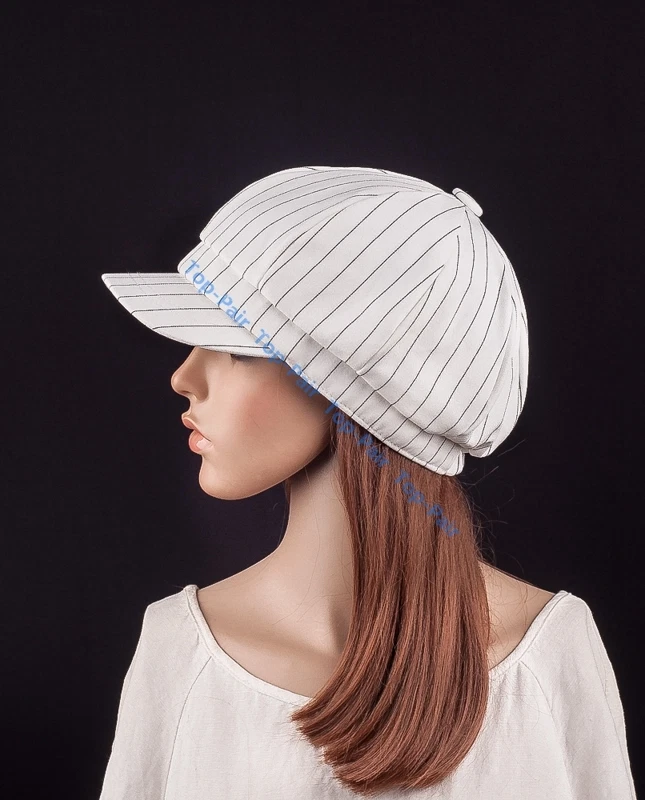 Chapéu de inverno M491 branco feminino moda listras algodão jornaleiro casual boné de rua - Imagem 3 de 4