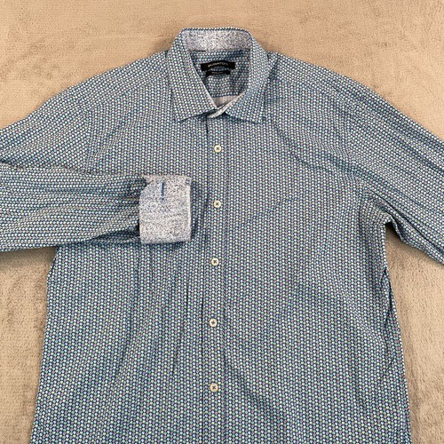 BUGATCHI Performance Shirt Men Large Multi Geometric Flip Cuffs Shaped Fit NWOT