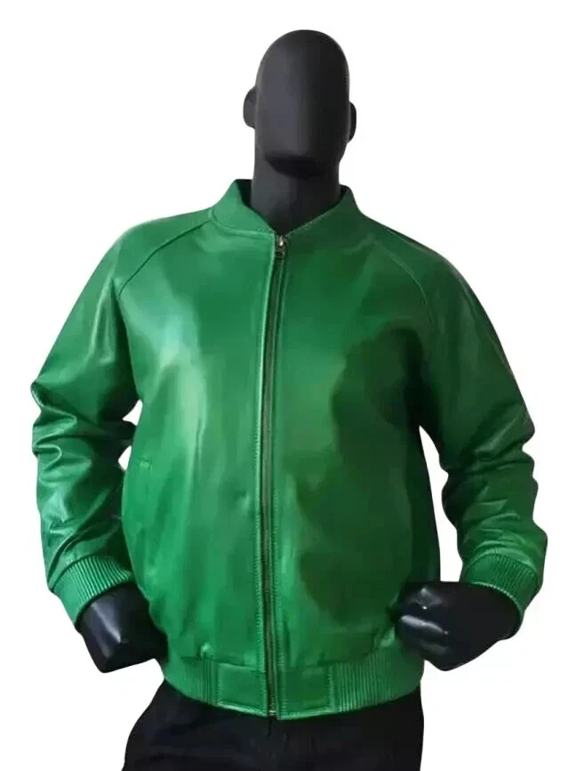 New Men's Green Bomber Styling Soft Sheepskin Leather Jacket Elastic Waist