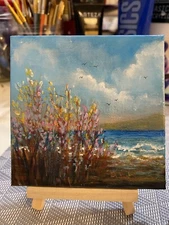 Flowers seascape, acrylic miniature original painting on canvas, OOAK, signed