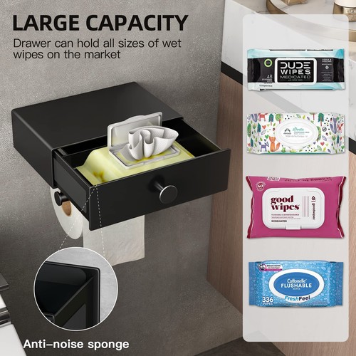 Toilet Paper Holder with Shelf Black Wipes Dispenser for Bathroom Toilet Paper H - Picture 2 of 7