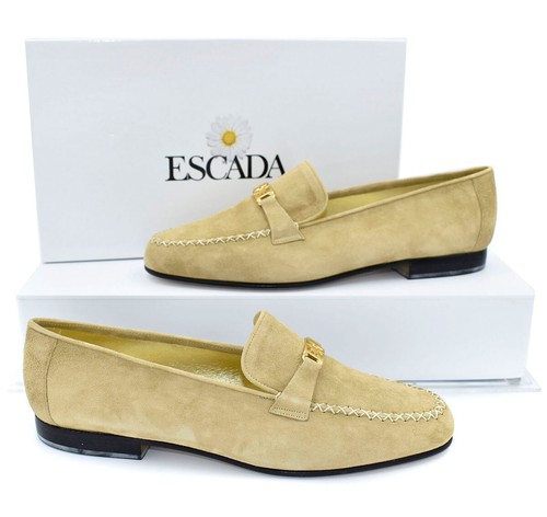 Escada Light Tan Genuine Suede E Signature Moccasin Style Loafers Flats sz 9 /39 - 第 1/6 張圖片